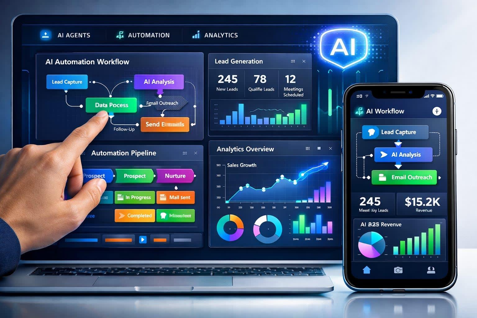 AI automation dashboard with business analytics and connected workflow controls